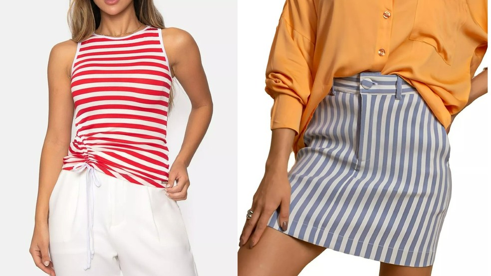 A regata listrada é um curinga da moda, enquanto o azul claro da saia lápis é uma das cores do verão 2025 — Foto: Divulgação/Mercado Livre