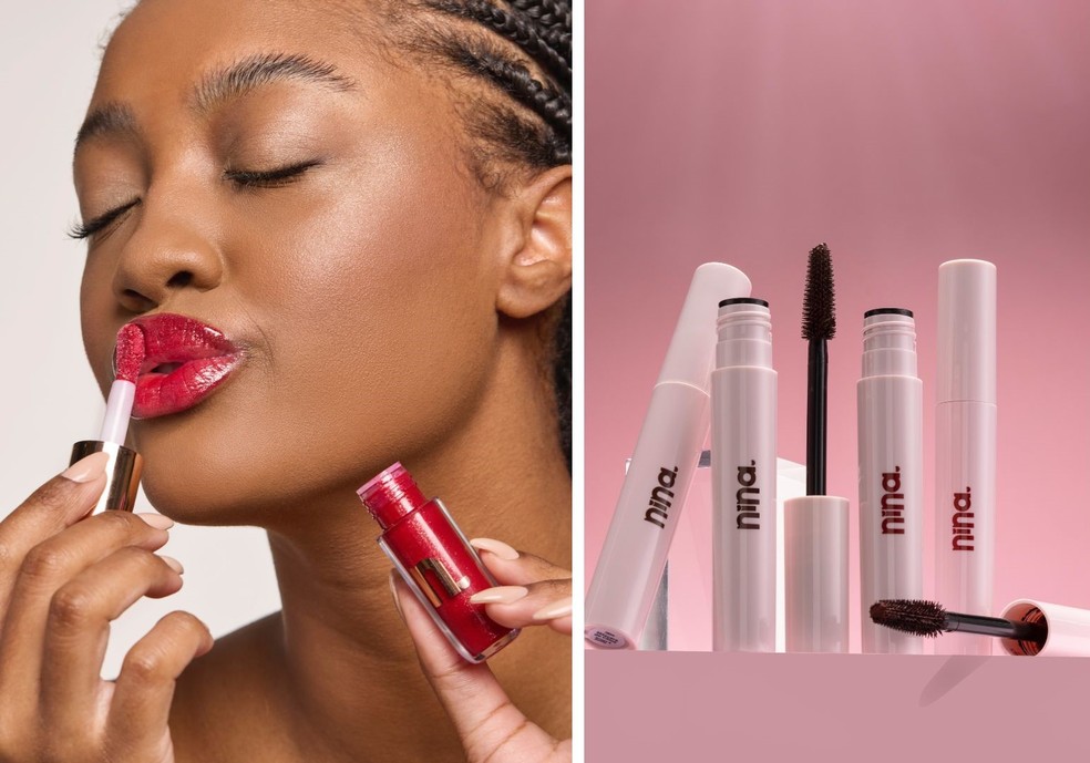 Gloss Morango do Amor e Pantenol Lashes Brown e Cherry, Nina Makeup — Foto: Divulgação