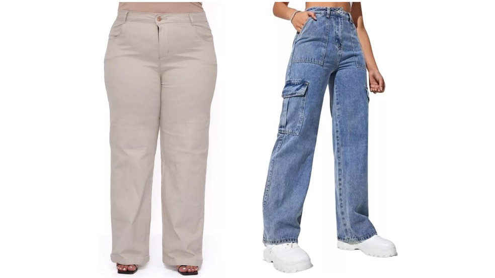 A calça jeans com cintura alta, comprimento reto e barra larga, é uma boa aposta para quem busca um efeito alongado — Foto: Divulgação/Mercado Livre