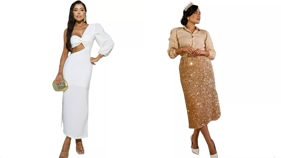 O vestido longo e branco para o Réveillon já é um clássico, enquanto a saia em paetê pode ir além do look da Virada, trazendo brilho para produções cotidianas. — Foto: Divulgação/Mercado Livre