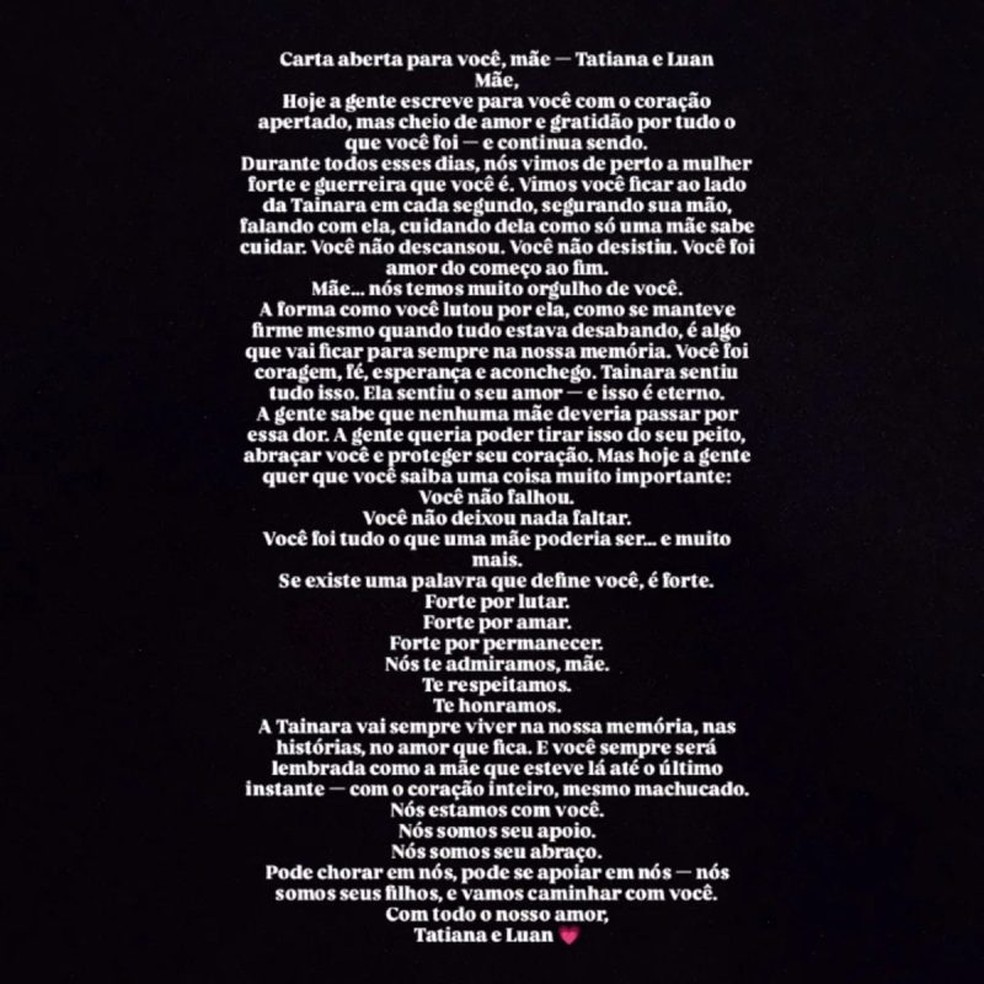 Os filhos de Tainará se pronunciaram sobre a morte da mãe — Foto: Reprodução/Instagram