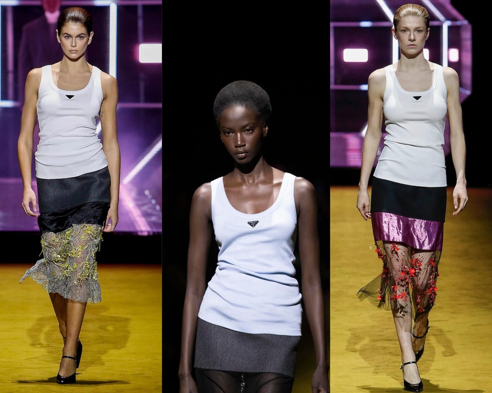 Prada desfilou regata branca que, instantaneamente, virou peça-desejo — Foto: Divulgação