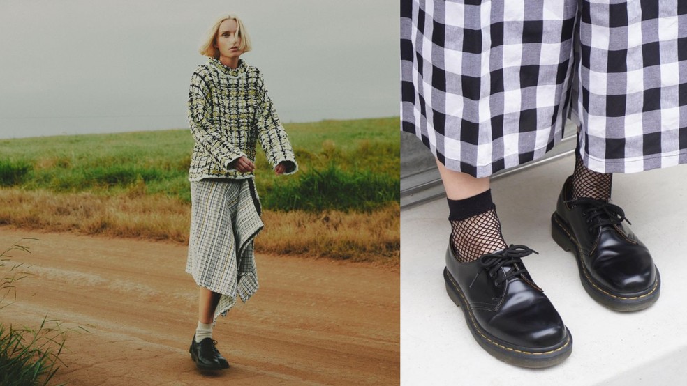 Sapato de amarrar: aposta da nossa editora de moda, Larissa Luchesse — Foto: À direita: ensaio presente na nossa edição de maio/2024 da revista impressa - À esquerda: Reprodução/Instagram @drmartens