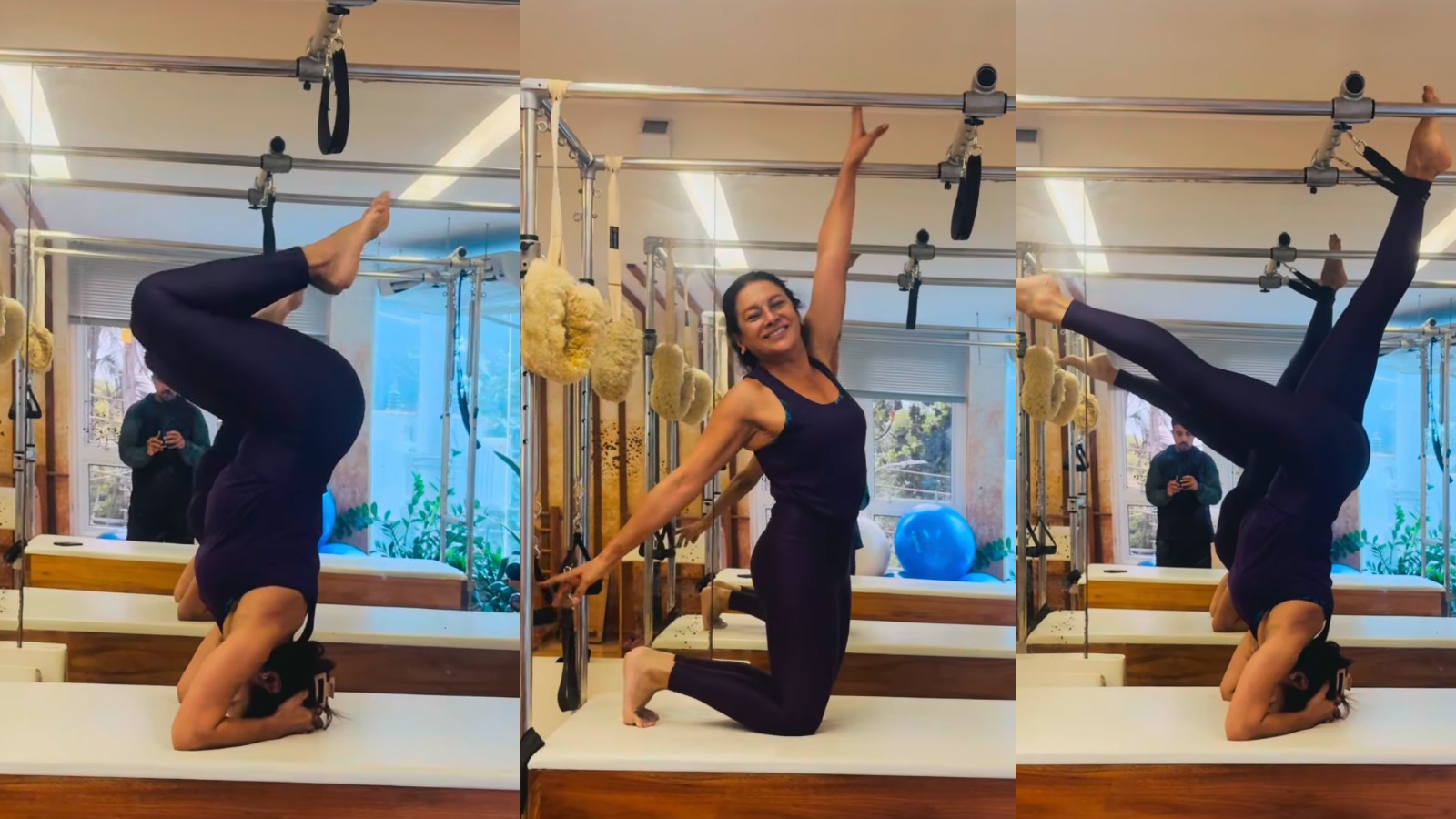 Dira Paes demonstrando flexibilidade e bem-estar em prática de pilates