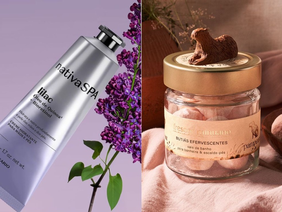 Butiás Sais de Banho Efervescentes, Feito Brasil — R$ 319 Creme Hidratante Para Mãos e Pés Nativa Spa Lilac, O Boticário — R$ 42,90 — Foto: Reprodução
