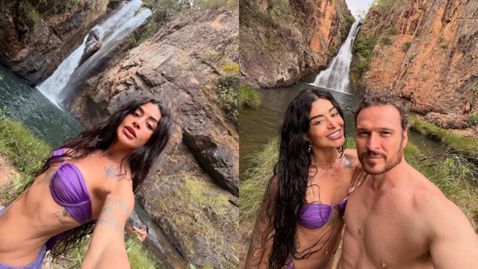 Em Goiás, Aline Campos curte cachoeira com namorado que se derrete: 'Sereia em água doce'