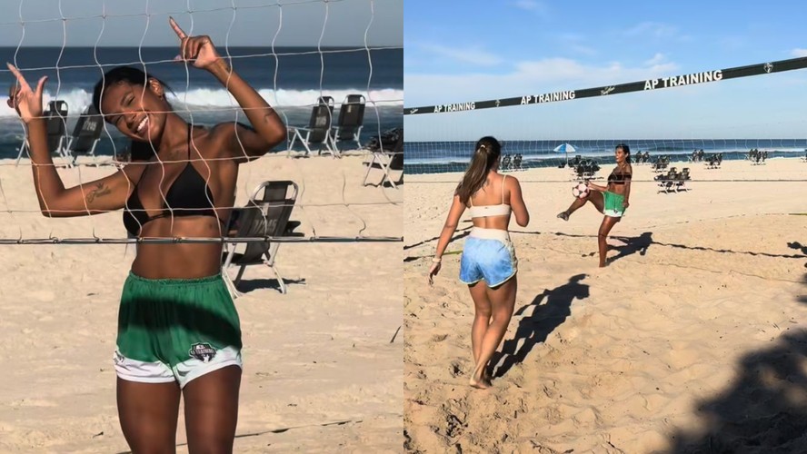 Pocah compartilhou o treino de futevôlei na praia