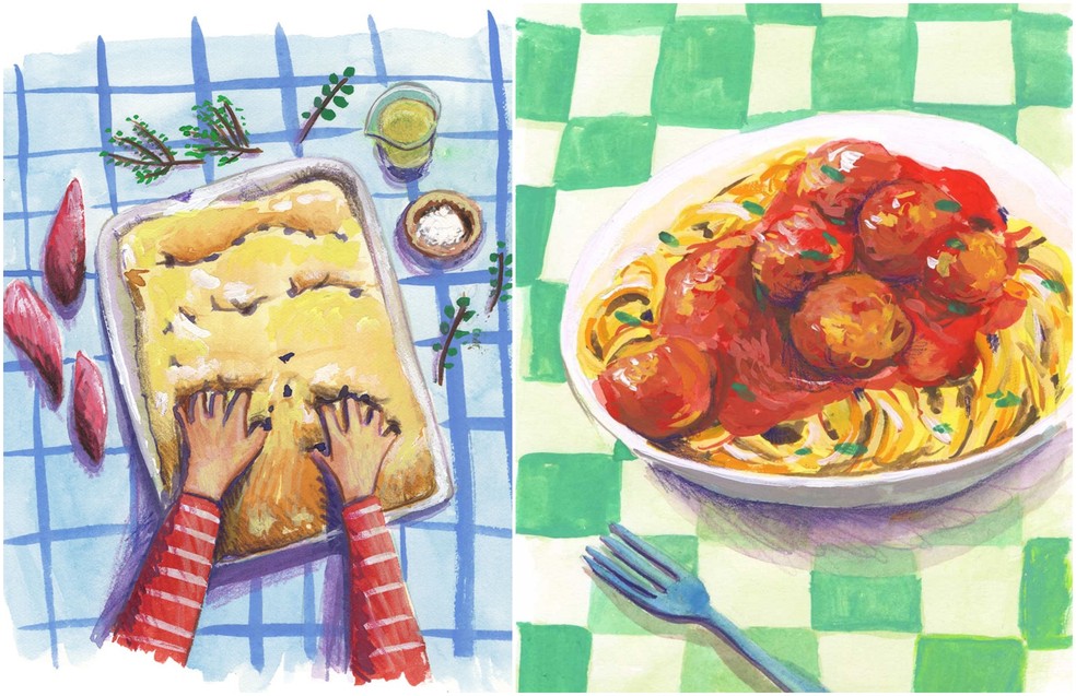 Focaccia e almôndegas com macarrão: desenhos de comer com os olhos — Foto: Rita Taraborelli