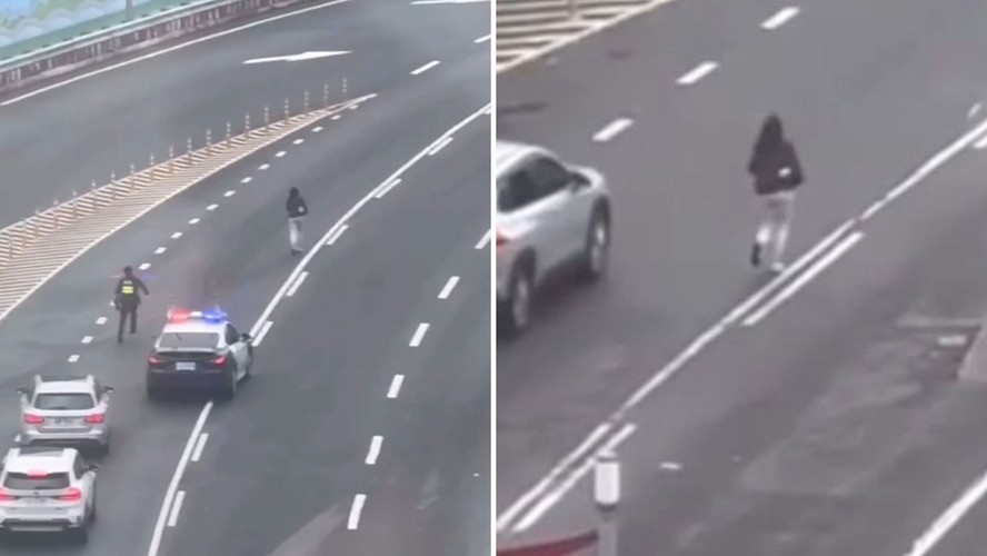 Mulher corre no meio de rodovia para tentar pegar voo a tempo