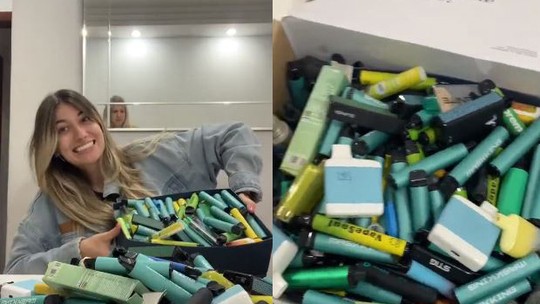 Jovem viraliza ao mostrar coleção com mais de 200 vapes do namorado