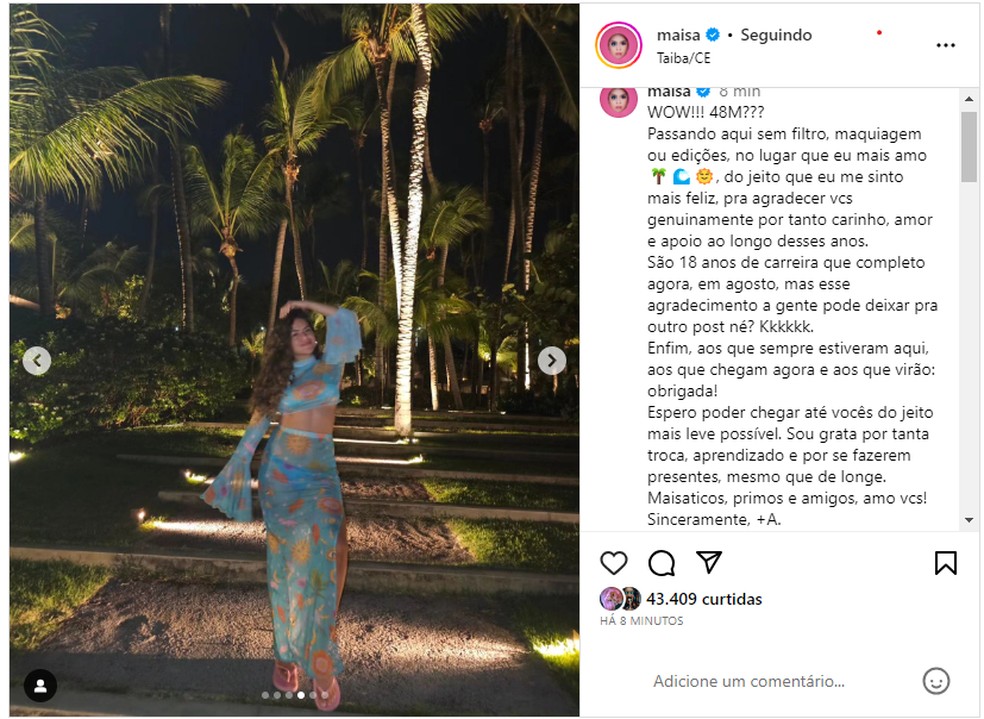 Maisa faz postagem para comemorar 48 milh&otilde;es de seguidores no Instagram &mdash; Foto: Reprodu&ccedil;&atilde;o