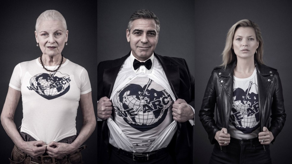 Vivienne Westwood, George Clooney e Kate Moss para a campanha Salve o Ártico, 2013 — Foto: viviennewestwood.com