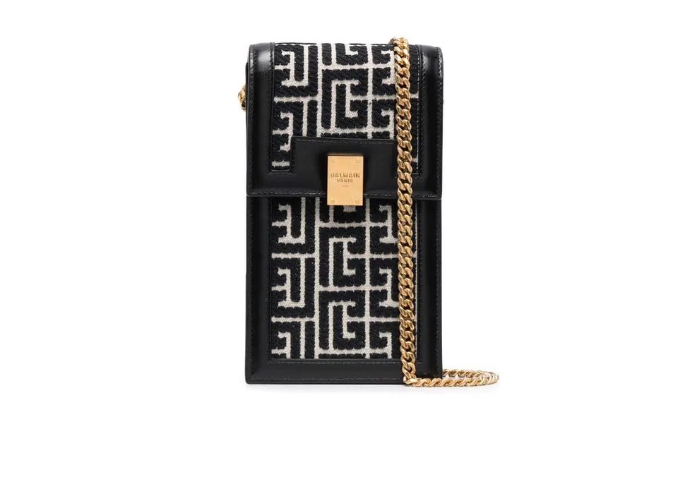 Bolsa para celular de jacquard monogramada Balmain — Foto: Divulgação
