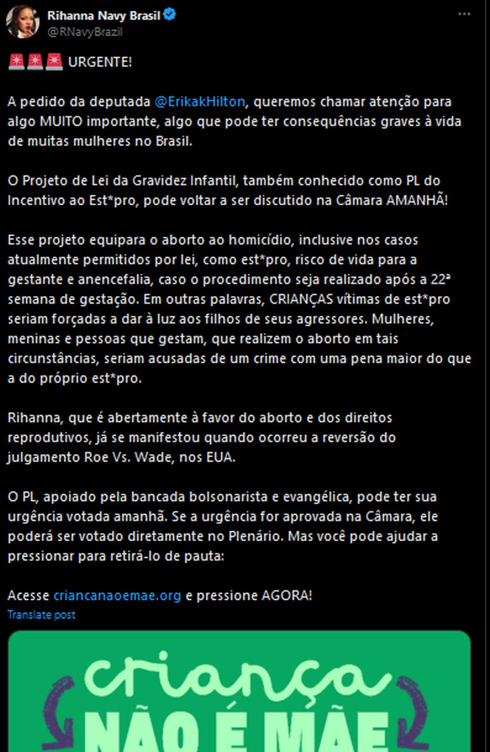 Post da conta Rihanna Navy Brasil contra projeto de lei que equipara aborto a homicídio — Foto: Reprodução/Twitter