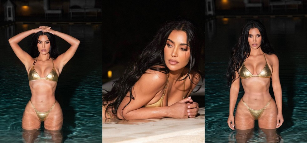 Kim Kardashian chamou atenção ao exibir o corpão a bordo de um biquíni dourado — Foto: Reprodução Instagram