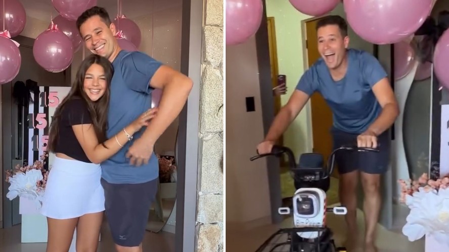 Maria Sophia ganha bicicleta elétrica de presente do pai, Pedro Leonardo. Veja!