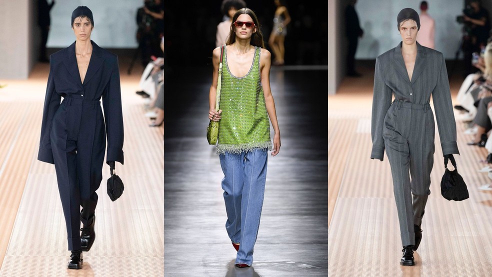 Semana de Moda de Milão: calça anos 1990. Prada, Gucci e Prada — Foto: Getty