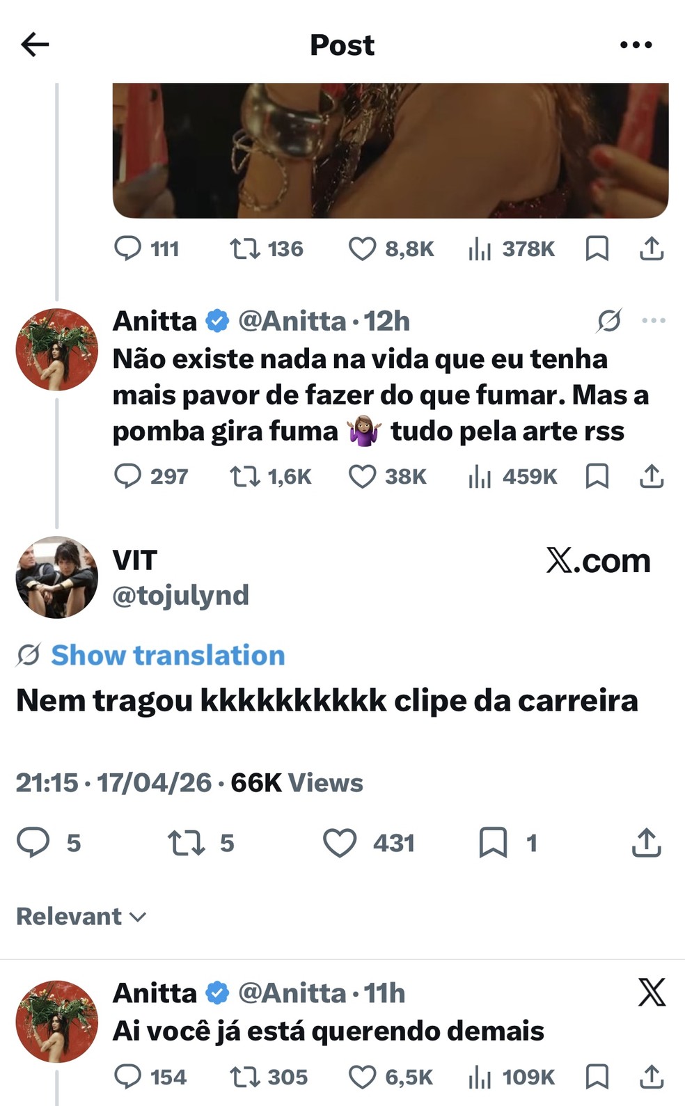 Anitta revela 'pavor' de cigarro, após fumar em novo clipe, e dá resposta afiada para fã que a questionou nas redes sociais — Foto: Reprodução/Instagram