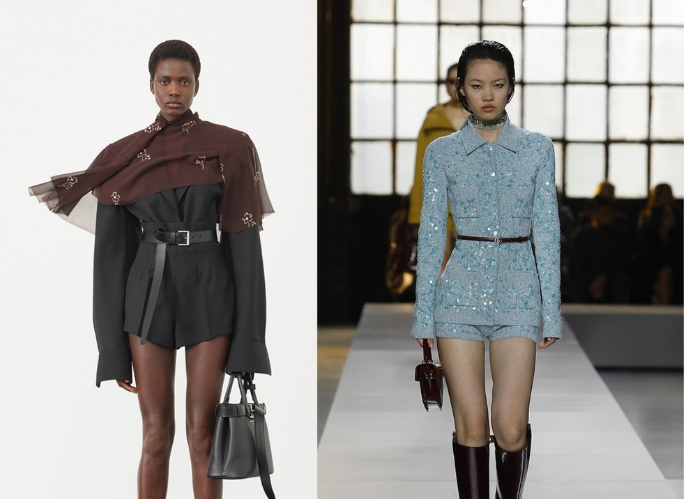 Cinto médios e finos dão sofisticação ao look — Foto: À direita: Reprodução/Instagram @prada - À esquerda: Reprodução/Instagram @gucci