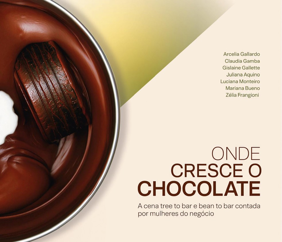 As mulheres da indústria do cacau, autoras do livro sobre a cena do chocolate fino; ao lado, a capa do compêndio. Na página ao lado, Luisa Abram na Amazônia e registro do processo de fabricação do chocolate que leva seu nome e da barra pronta para consumo — Foto: divulgação