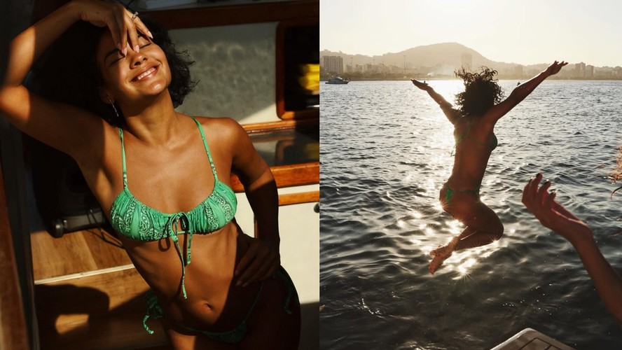 De biquíni verde, Bella Campos revela registros curtindo passeio de barco no Rio de Janeiro e arranca elogios