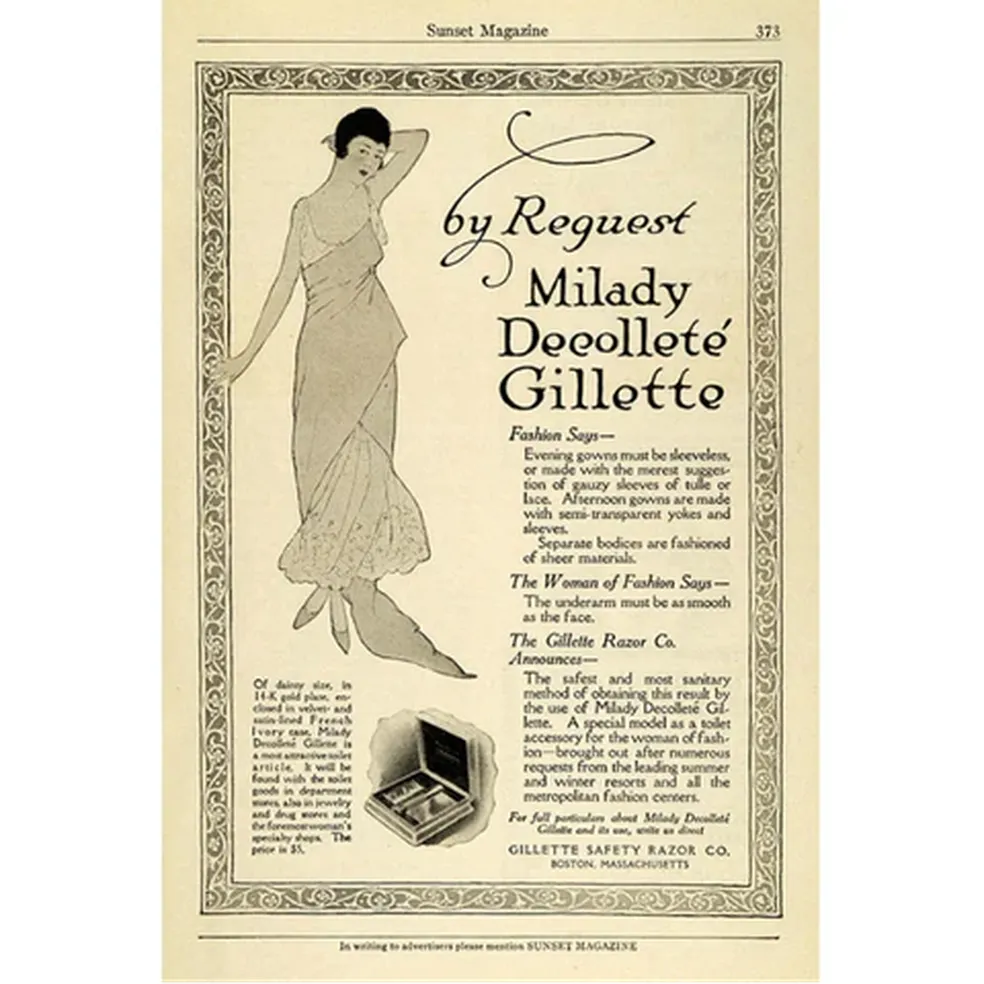 Anúncio Milady Décolleté, primeira lâmina para mulheres lançada pela Gillette — Foto: Sunset Magazine, 1915