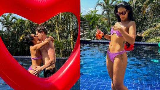 Amanda Djehdian confere bronzeado e troca beijo com marido na piscina: 'Minha sereia'