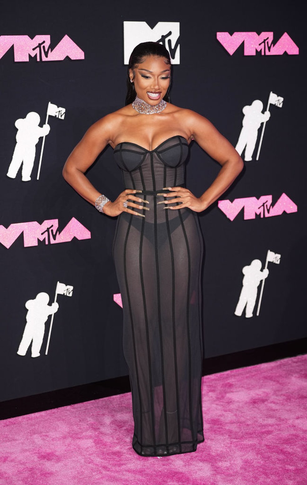 Megan Thee Stallion veste Brandon Blackwood NYC no VMA 2023 — Foto: Getty Images