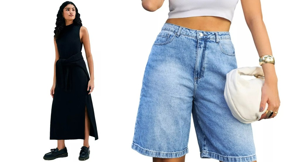 O vestido canelado tem um tecido que “adapta-se ao corpo”, enquanto a bermuda jeans é confeccionada 100% em algodão  — Foto: Divulgação/Mercado Livre