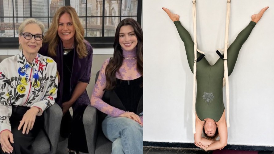 Renata Ceribelli abre álbum com pose inusitada de ioga e clique com Streep e Hathaway