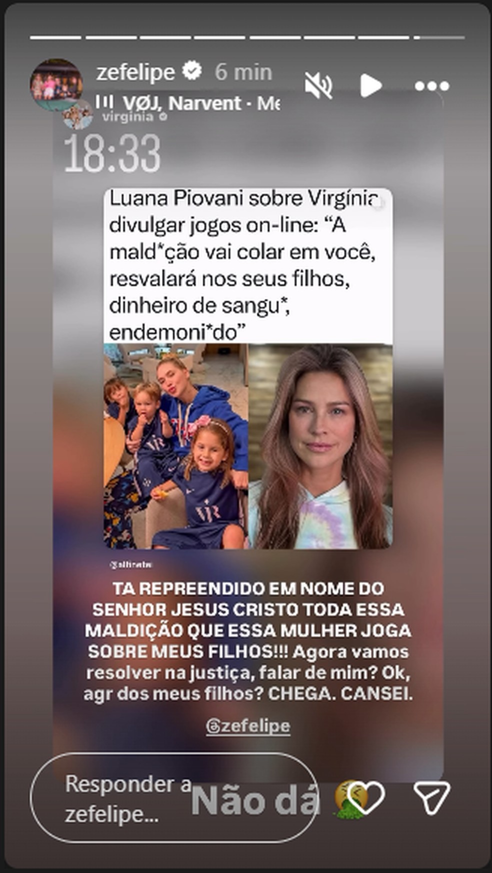 Zé Felipe reage à publicação de Luana Piovani sobre os filhos — Foto: Reprodução/Instagram