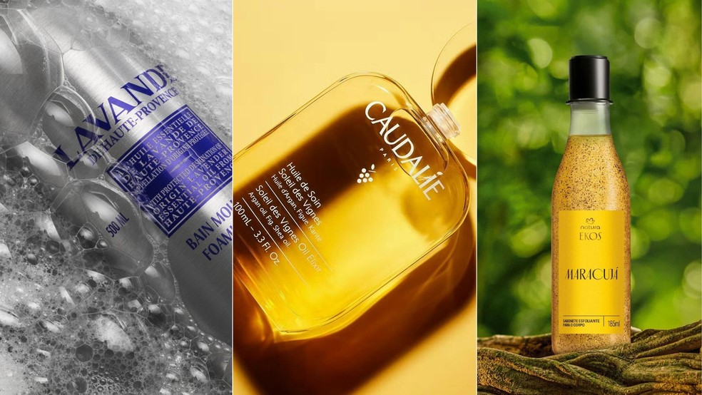 Espuma para Banho Lavanda, L'Occitane En Provence — R$ 109 Óleo Elixir Soleil des Vignes, Caudalíe — R$ 229 Sabonete Líquido Esfoliante para o Corpo Ekos Maracujá, Natura — R$ 55,90 — Foto: Reprodução