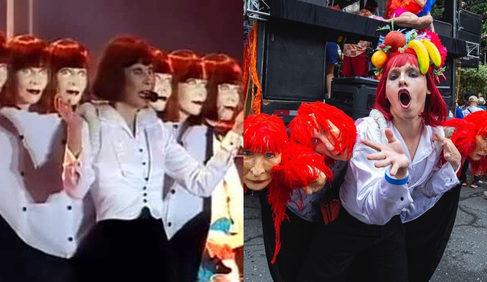 À esquerda: performance da turnê 'Santa Rita de Sampa' (1997), com figurinos criados pelo carnavalesco Chiquinho Spinoza. À direita: foliã no Bloco Ritaleena (2023) — Foto: Reprodução / @bloco_ritaleena @leoorestes 