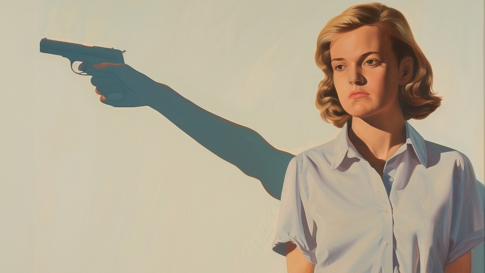 Qual é o impacto da flexibilização de acesso às armas de fogo nos índices de violência contra mulheres e feminicídio — Foto: Ilustração: João Brito (gerada por meio de inteligência artificial)