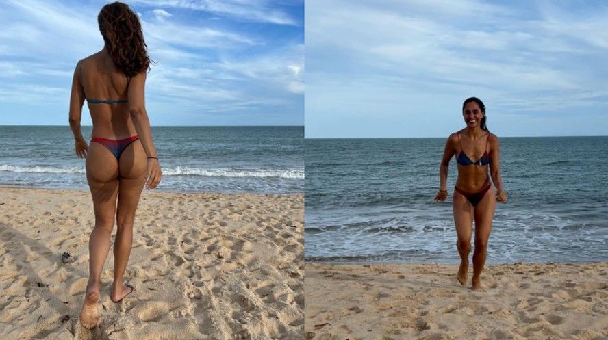 Camila Pitanga posa de biquíni, mostra mergulho em mar e ganha elogios
