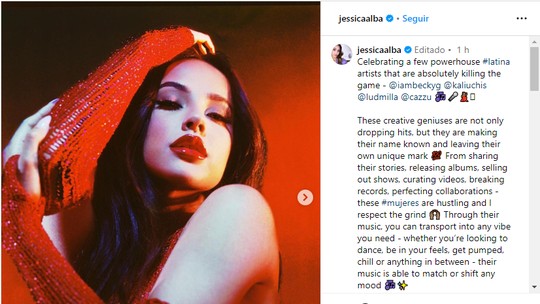 Jessica Alba elogia Ludmilla em post celebrando artistas latinas