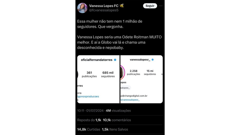 Fã-clube de Vanessa Lopes detonou a suposta escalação de Fernanda Torres como Odete Roitman — Foto: Reprodução/X