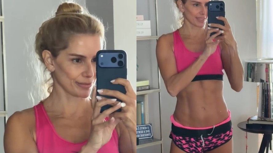 De top e mini short, Deborah Secco surge 'descabelada' após treino e impressiona com beleza natural ao mostrar corpo suado