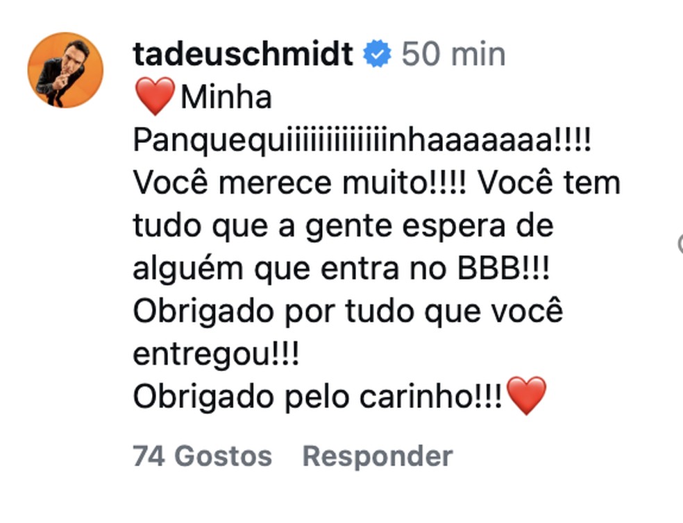 Ex-BBB Gabriela publica declaração para Tadeu Schmidt e apresentador responde: 'Minha panquequinha' — Foto: Reprodução/ Instagram