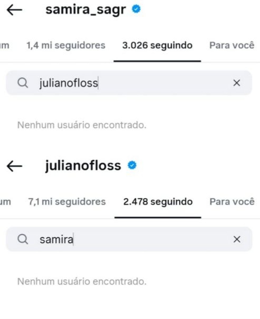 Juliano Floss e Samira Sagr deixaram de se seguir no Instagram — Foto: Reprodução/Instagram