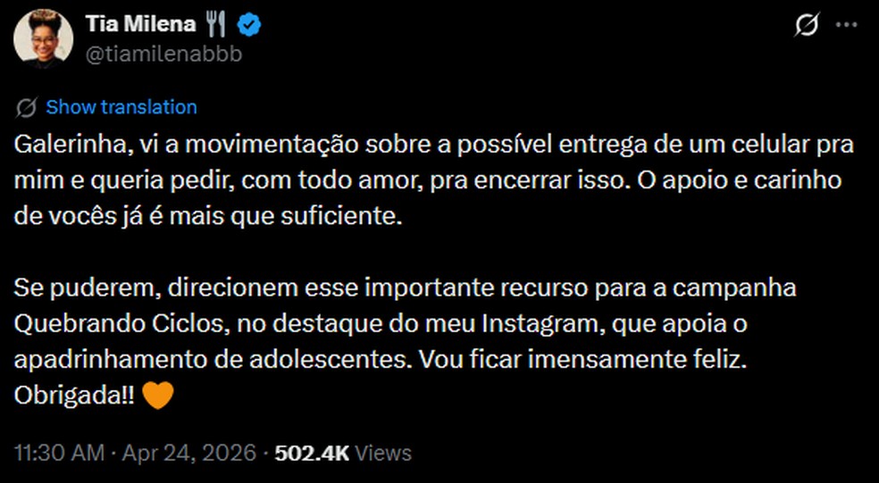 Ex-BBB Milena recusa vaquinha de fãs para comprar celular e solicita doação de dinheiro — Foto: Reprodução/X