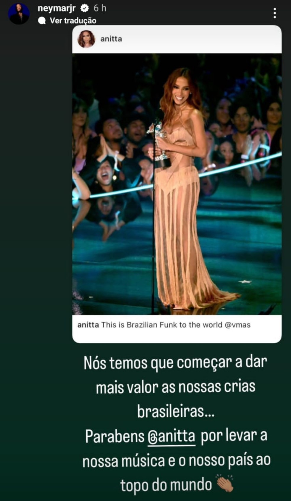 Anitta recebeu elogio de Neymar Jr. nas redes sociais após vencer prêmio de melhor clipe latino por 'Funk Rave' — Foto: Reprodução Instagram