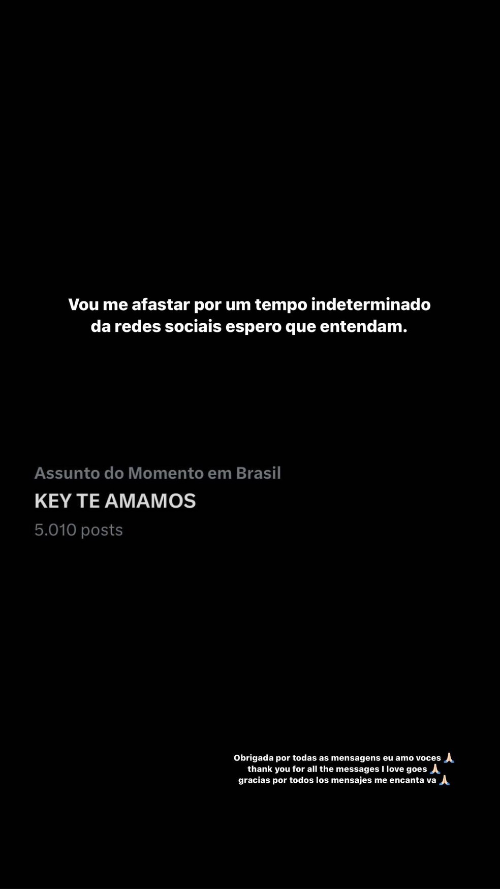 Key Alves revela que deixará as redes sociais, por meio dos stories do Instagram — Foto: Reprodução/Instagram