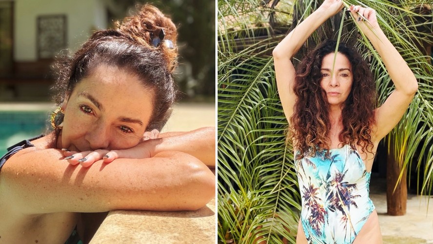 Claudia Ohana posa de maiô ao curtir piscina