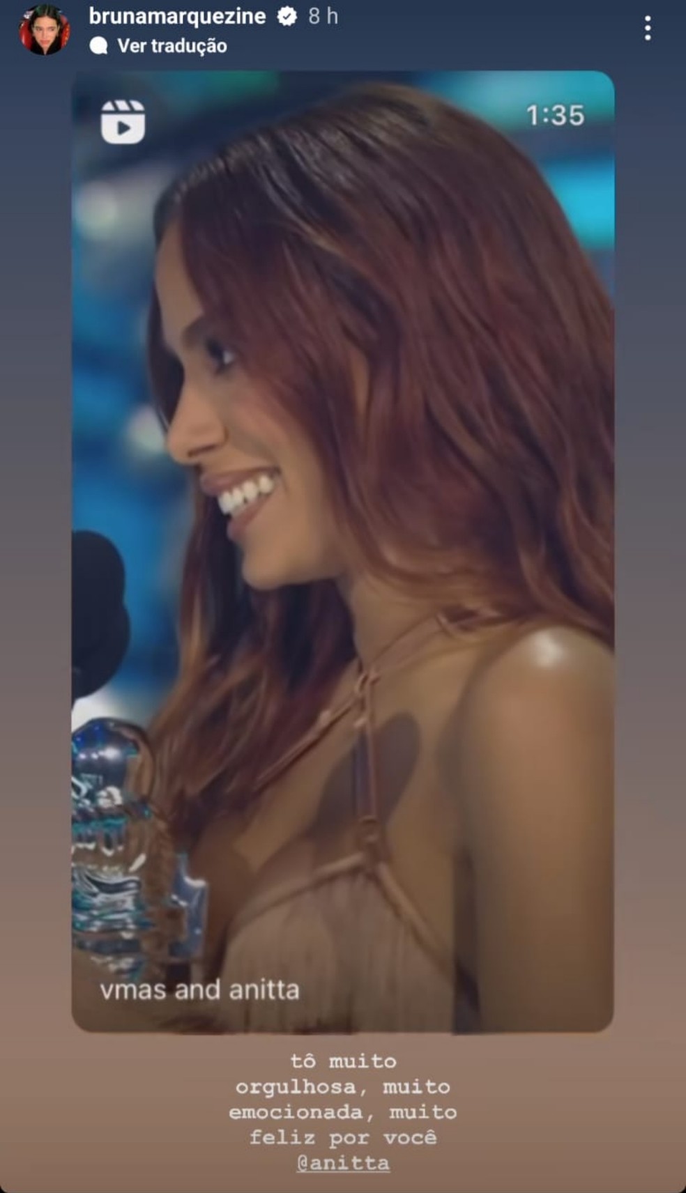Bruna Marquezine parabenizou Anitta por prêmio no VMA 2023 na categoria 'Melhor Clipe de Música Latina' — Foto: Reprodução Instagram