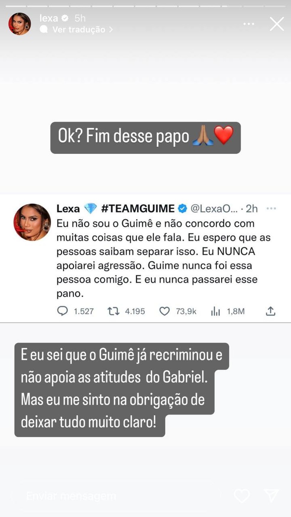 Lexa fala sobre apoio de MC Guimê a Gabriel — Foto: Reprodução / Instagram