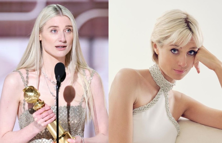 A atriz durante o discurso na premiação e caracterizada como Diana, para a série The Crown