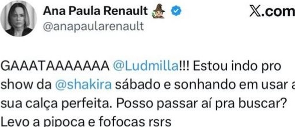 Ana Paula Renault pediu uma roupa emprestada para Ludmilla e a cantora reagiu — Foto: Reprodução/X