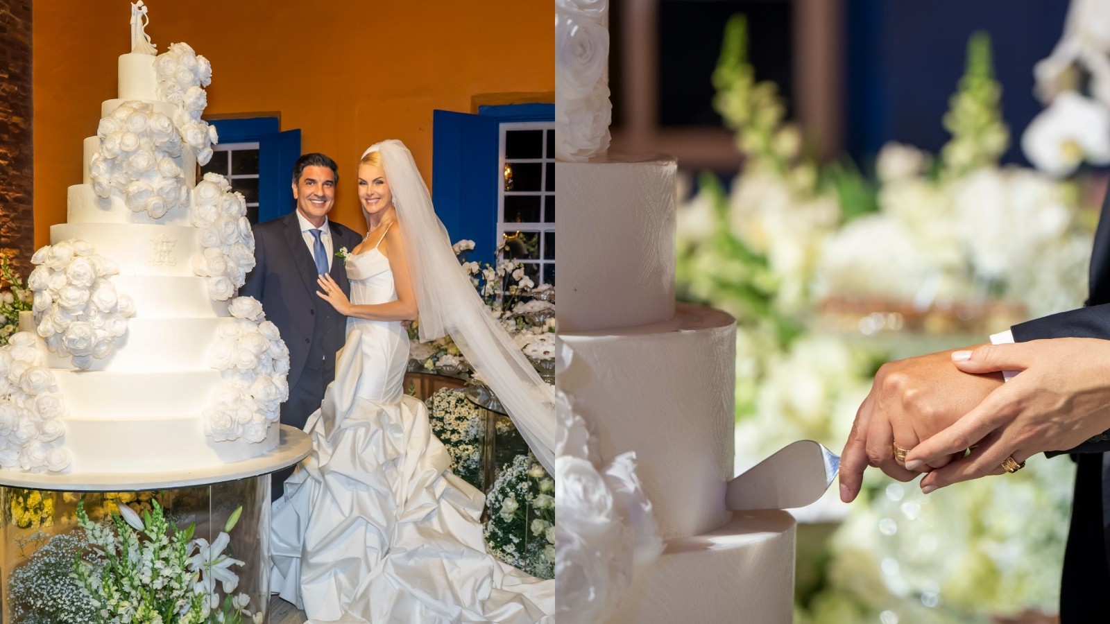 Capa fotográfica da fonte da Aflora: Com bolo do tamanho das 'pernas' e 9 andares, Ana Hickmann revela curiosidades do casamento com Edu Guedes