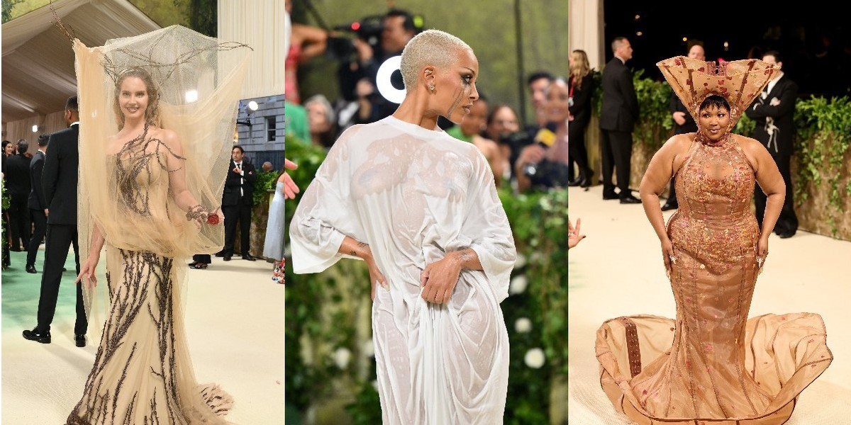 'Mulher-flor', cauda gigante e vestido branco molhado: as extravagâncias do evento de moda